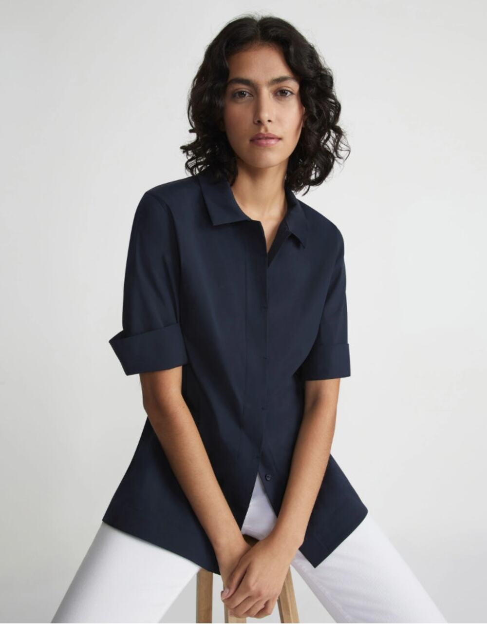 Lafayette 148 Blue Ink Lightweight Stretch Cotton Peplum Shirt Medium